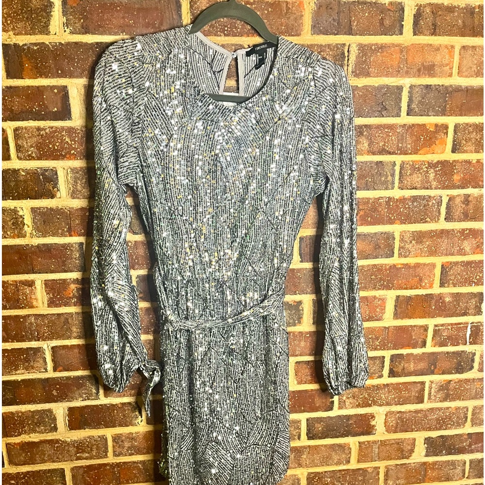 Silver Sequin long sleeve mini dress with belt